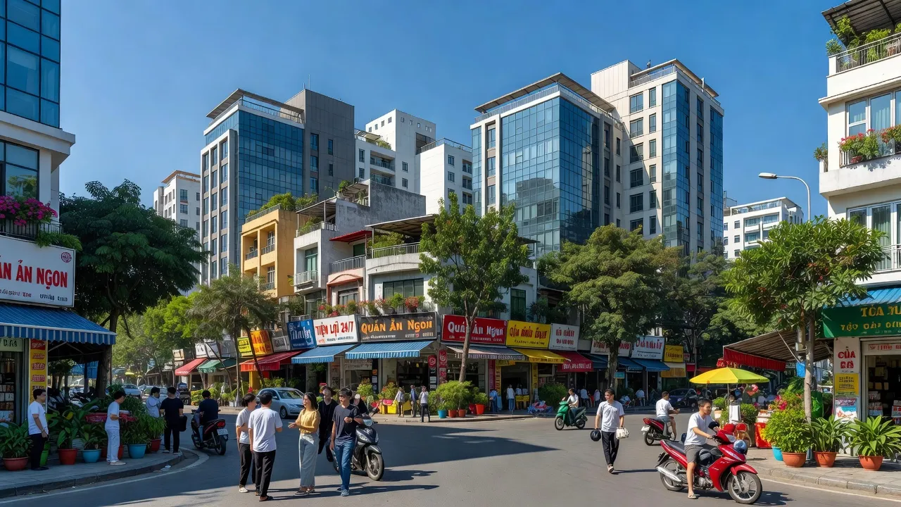 Phường Dịch Vọng Hậu, Quận Cầu Giấy, Hà Nội with modern buildings and vibrant street life.