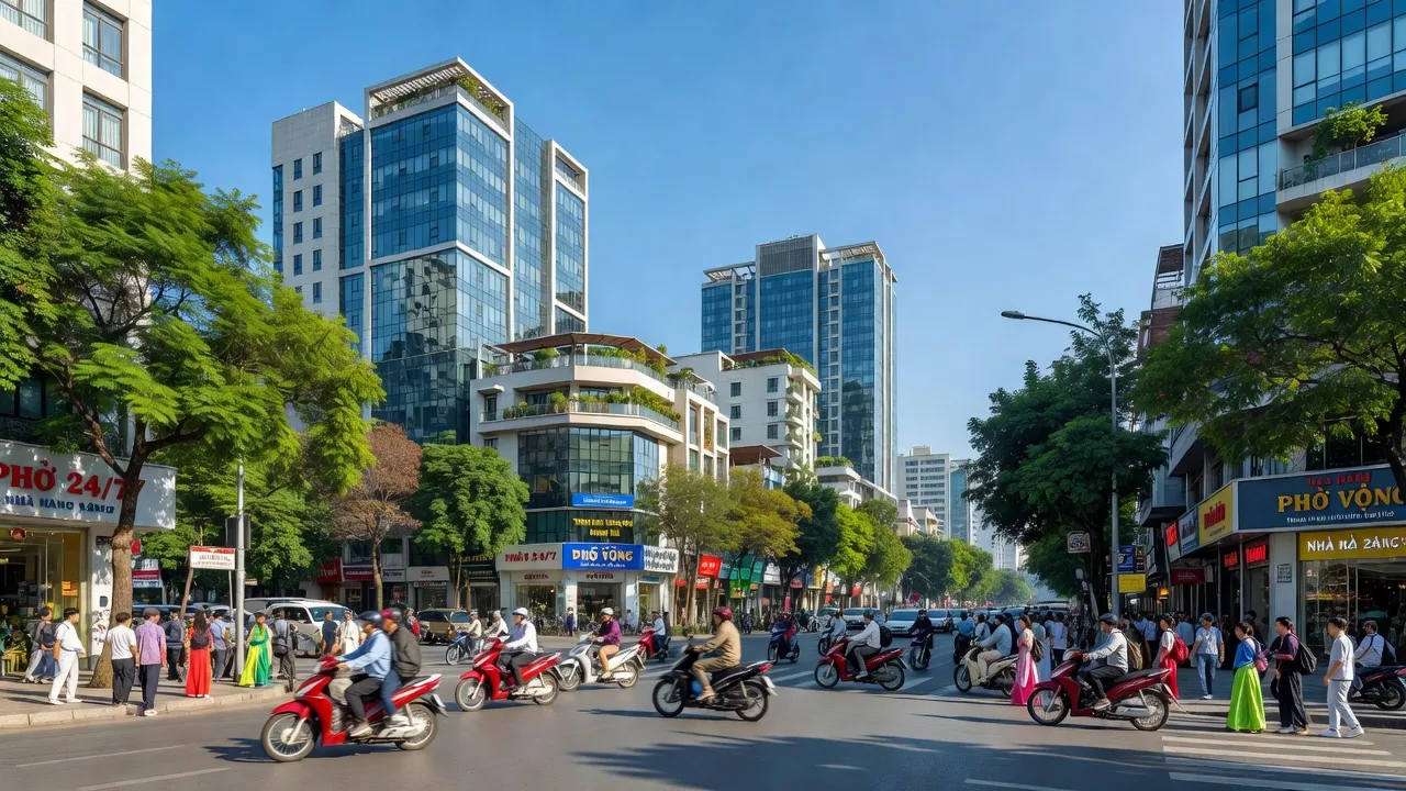 Phường Dịch Vọng, Cầu Giấy, Hà Nội với đường phố nhộn nhịp và cây xanh, biểu hiện đô thị hóa.