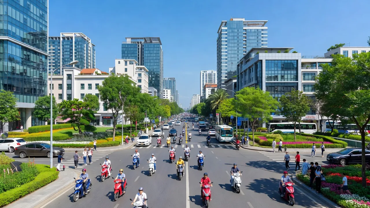 Cảnh quan Phường Mai Dịch, Quận Cầu Giấy, Hà Nội với tòa nhà hiện đại và không khí sôi động.