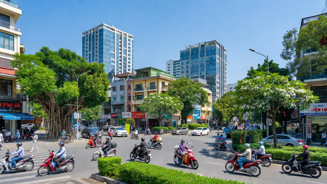 Phường Mai Dịch, quận Cầu Giấy, Hà Nội, with bustling streets and modern architecture under clear skies.
