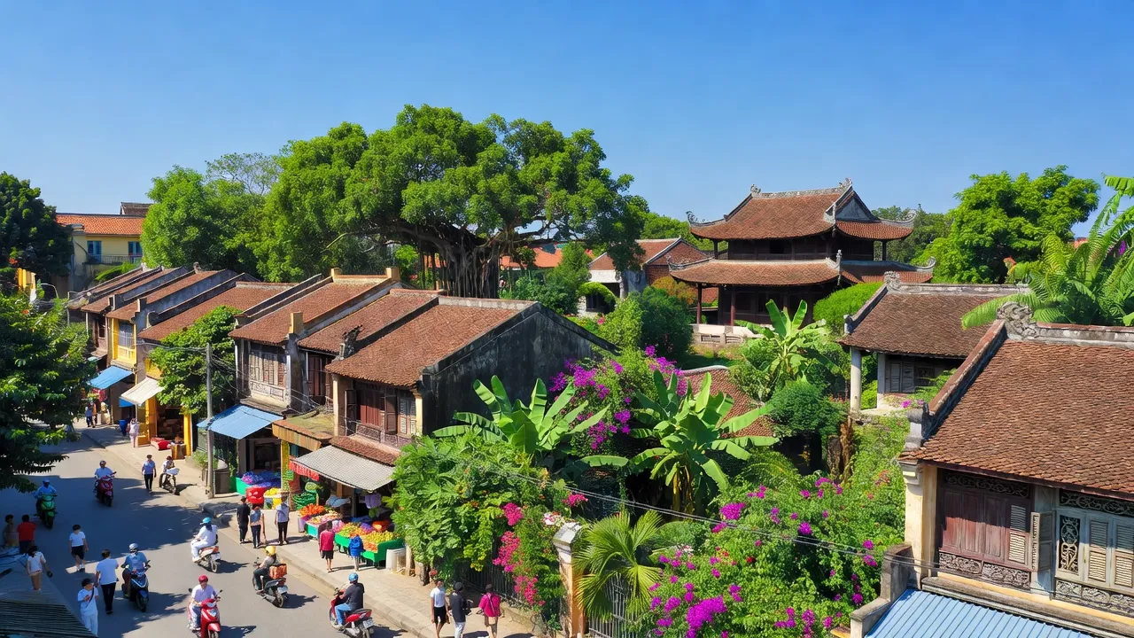 Khung cảnh Phường Nghĩa Đô tại Quận Cầu Giấy, Hà Nội với kiến trúc truyền thống và cây xanh.