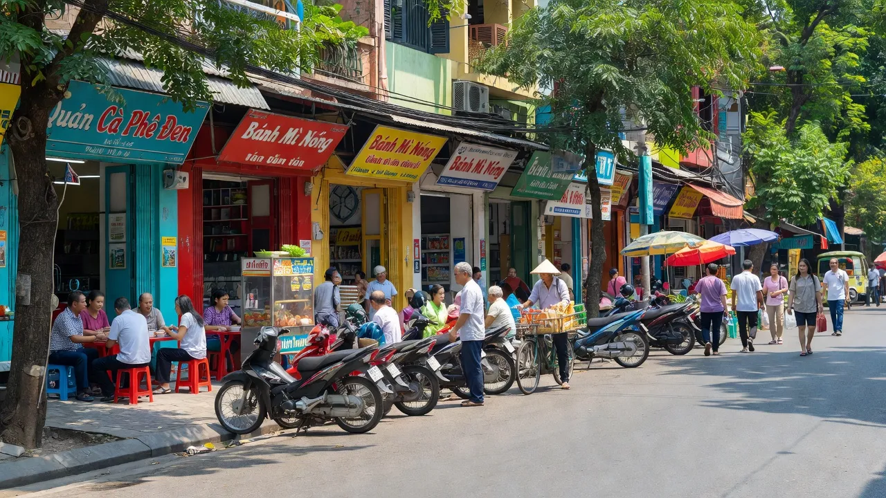 Khung cảnh nhộn nhịp tại phường Nghĩa Tân, Cầu Giấy, Hà Nội với cuộc sống thường nhật sôi động.