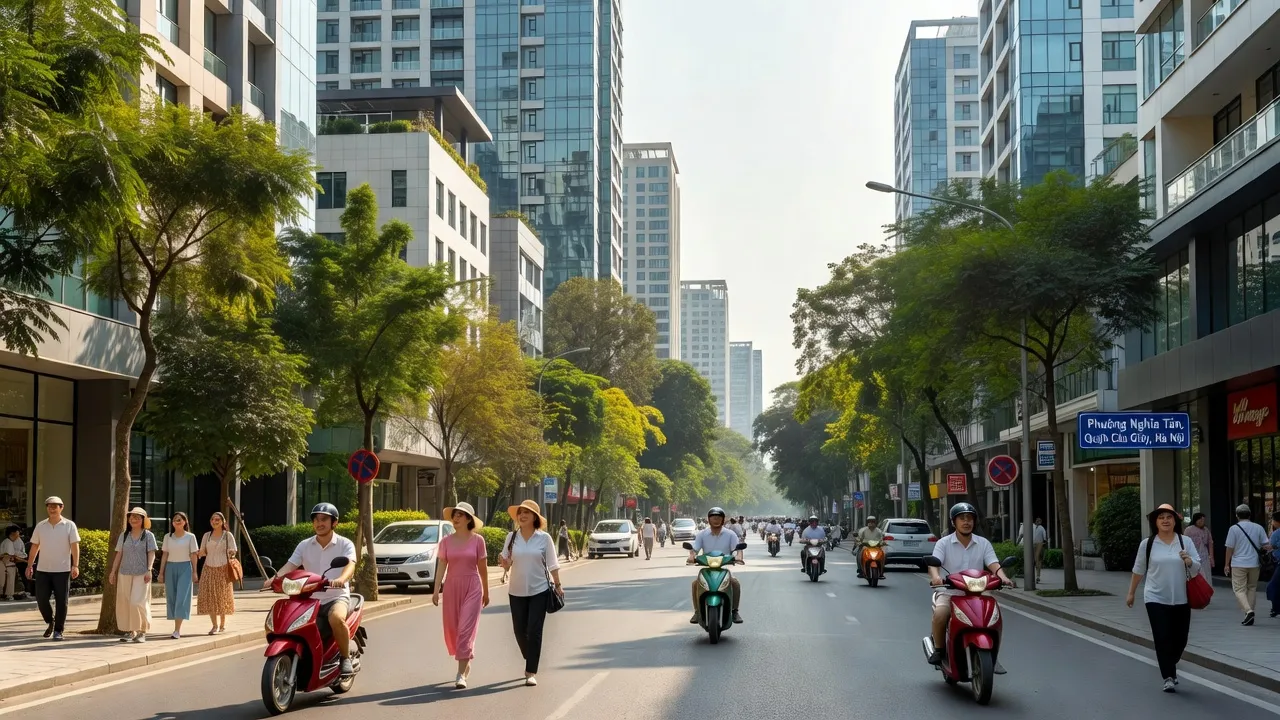 Phường Nghĩa Tân, Quận Cầu Giấy, Hà Nội, với tòa nhà hiện đại và cuộc sống năng động.
