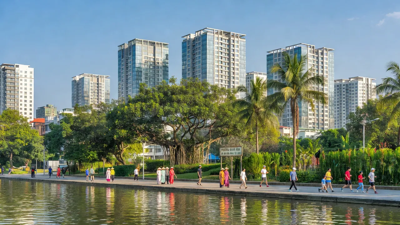 Cảnh quan Phường Quan Hoa bên sông Tô Lịch, Hà Nội, nổi bật cùng cây xanh và ánh nắng.