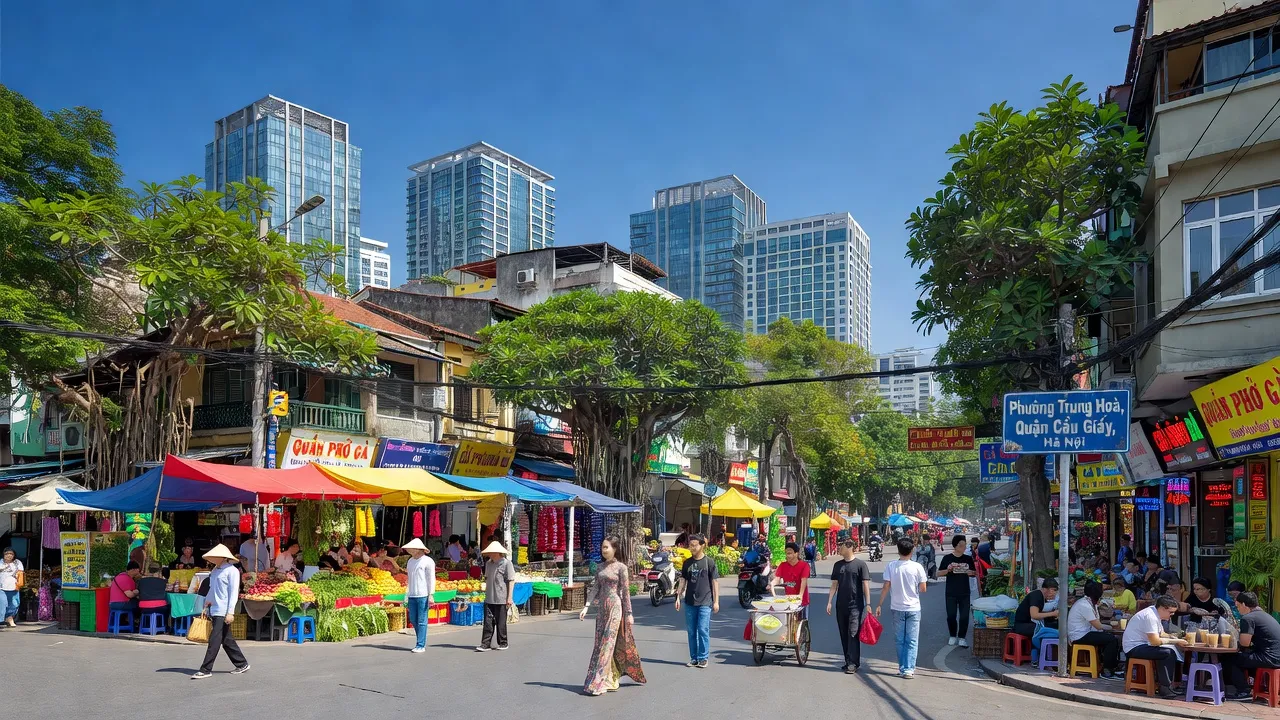 Khung cảnh nhộn nhịp tại Phường Trung Hoà, Quận Cầu Giấy, Hà Nội, với tòa nhà hiện đại và cuộc sống đô thị.