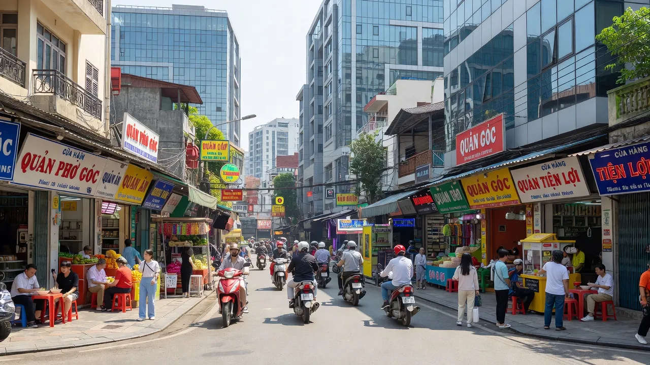 Cảnh phố sầm uất tại Phường Yên Hoà, Quận Cầu Giấy, Hà Nội với kiến trúc hiện đại.