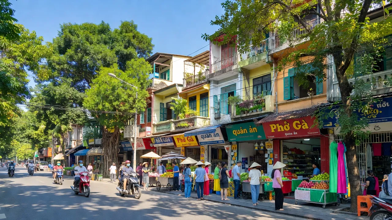 Cảnh đường phố sôi động tại Phường Cát Linh, Quận Đống Đa, Hà Nội, với cuộc sống hối hả.