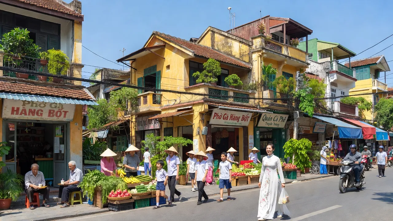 Phường Hàng Bột, Quận Đống Đa, Hà Nội with traditional architecture and lively markets, vibrant weather.
