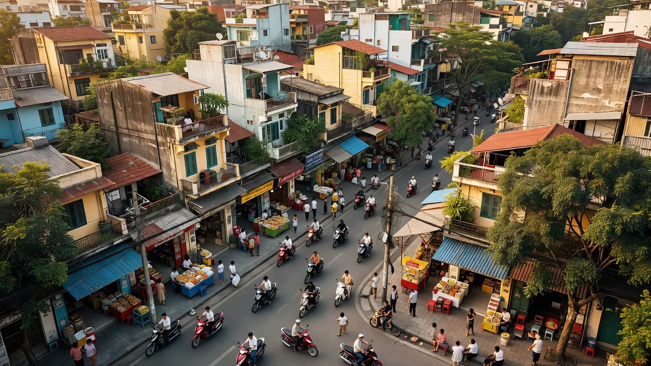 Cảnh quan Phường Khâm Thiên, Quận Đống Đa, nhà cửa, đường phố nhộn nhịp, Hà Nội.
