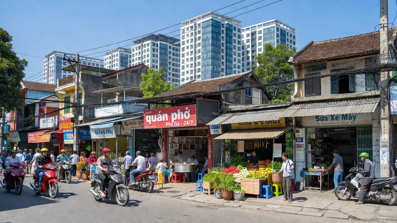 Phường Khương Thượng, Quận Đống Đa, Hà Nội với cảnh sát giao thông nhộn nhịp và cửa hàng địa phương.