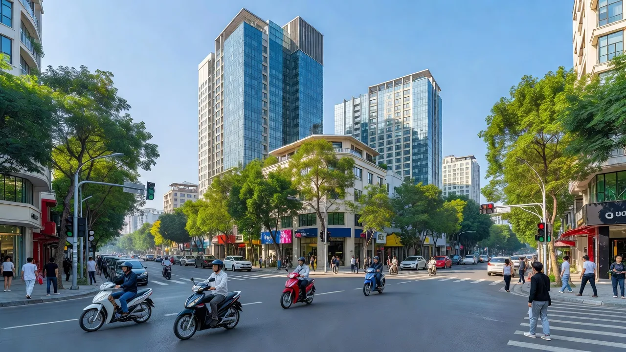 Khung cảnh Phường Kim Liên, Quận Đống Đa, Hà Nội với phố phường nhộn nhịp và tòa nhà cao tầng.
