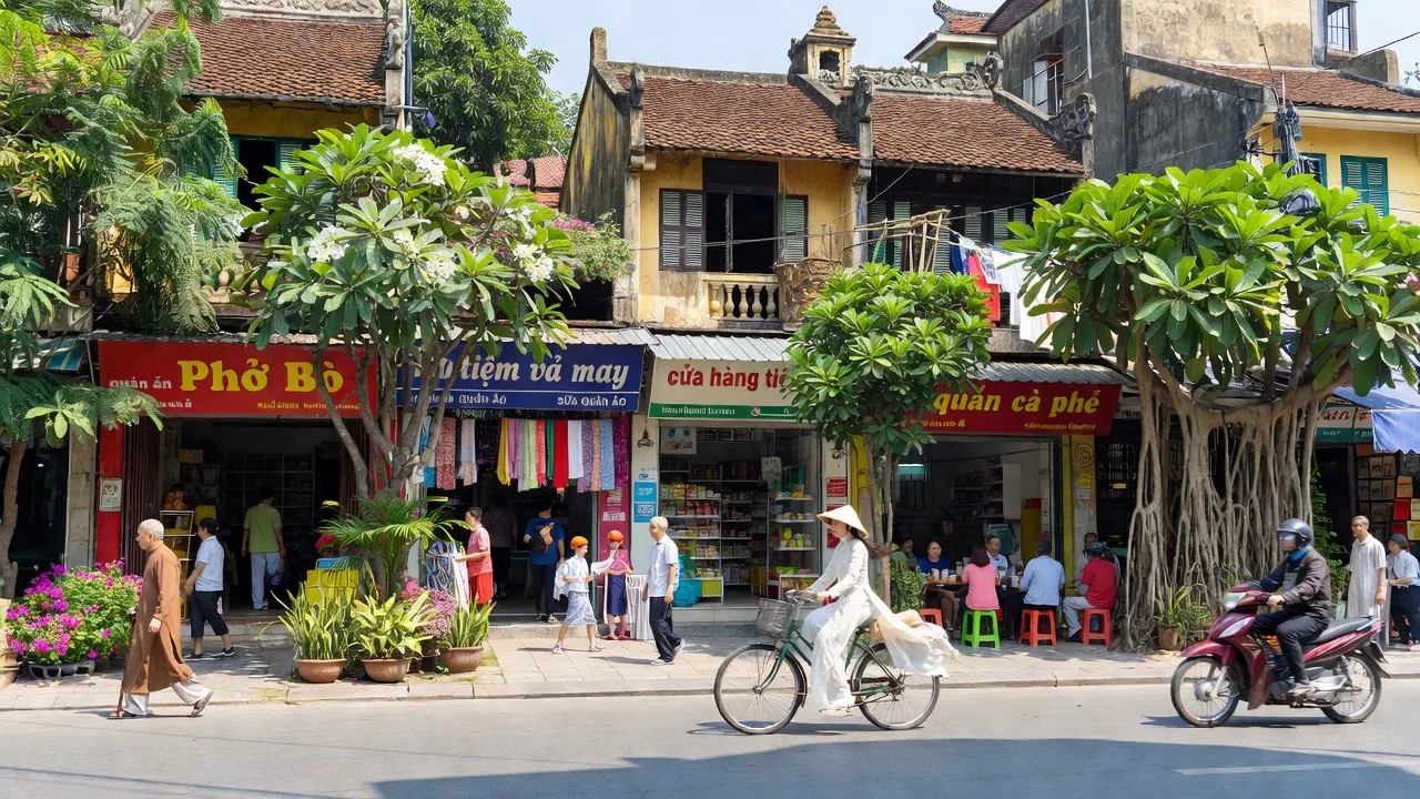 Phường Láng Hạ street view in Quận Đống Đa, Hà Nội, vibrant urban life and traditional architecture.