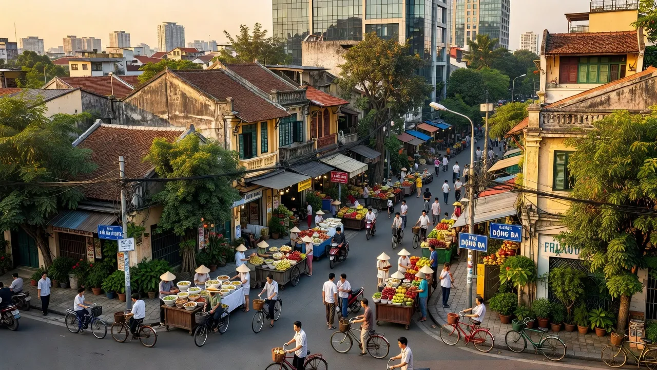 Phường Láng Thượng, Quận Đống Đa, Hà Nội, kết hợp giữa kiến trúc cổ điển và hiện đại, nhộn nhịp người dân.
