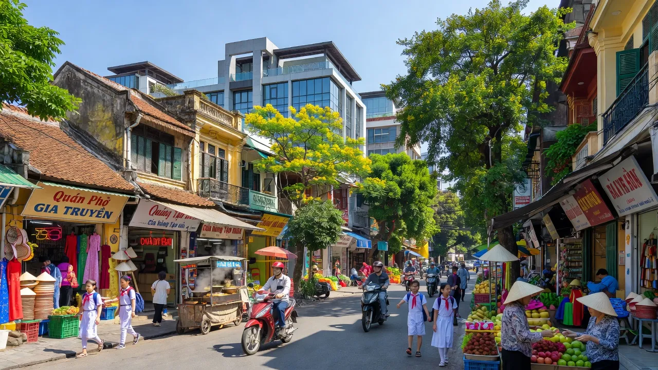 Phường Láng Thượng, Quận Đống Đa, Hà Nội with traditional and modern architecture, lively streets, and local culture.