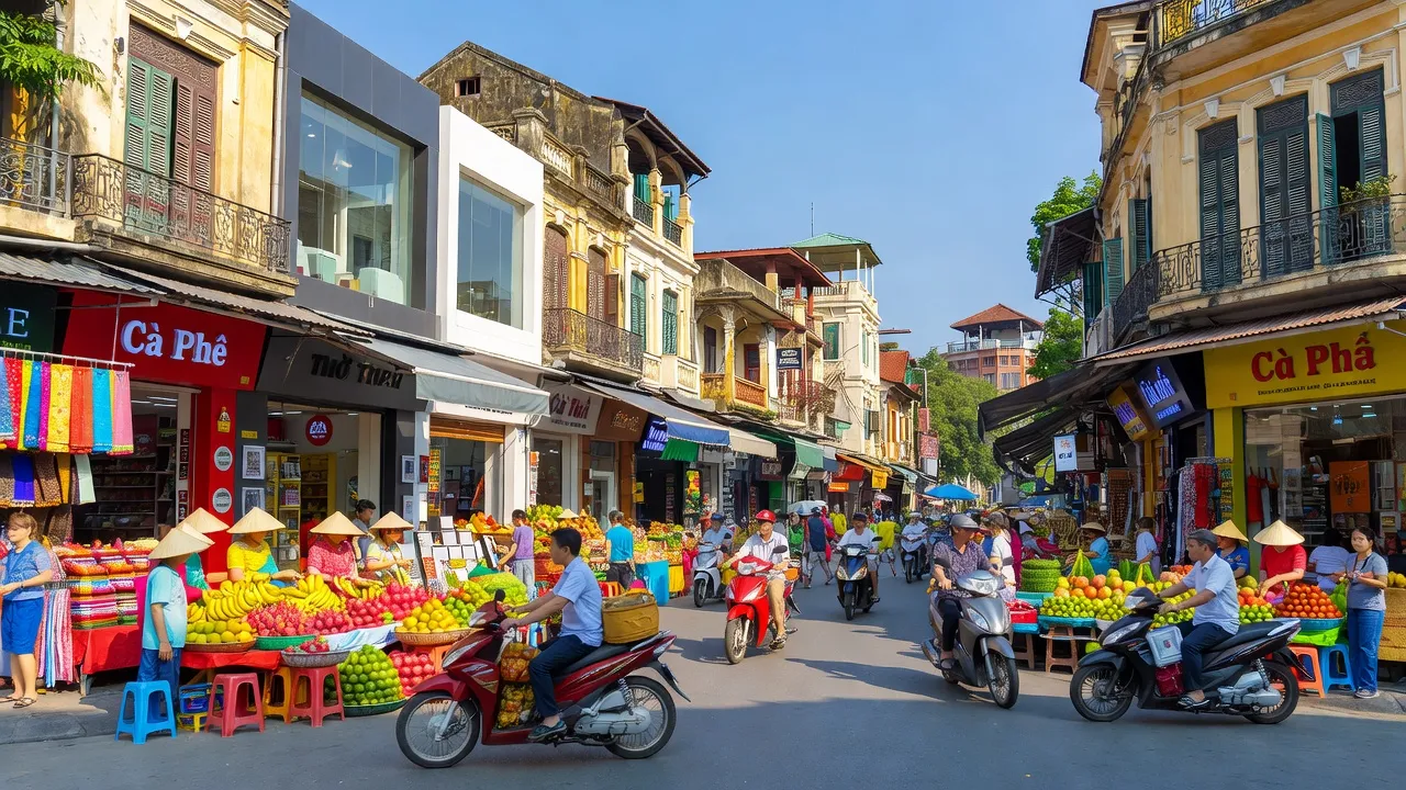 Khung cảnh nhộn nhịp ở phường Ô Chợ Dừa, Quận Đống Đa, Hà Nội với chợ và kiến trúc cổ.