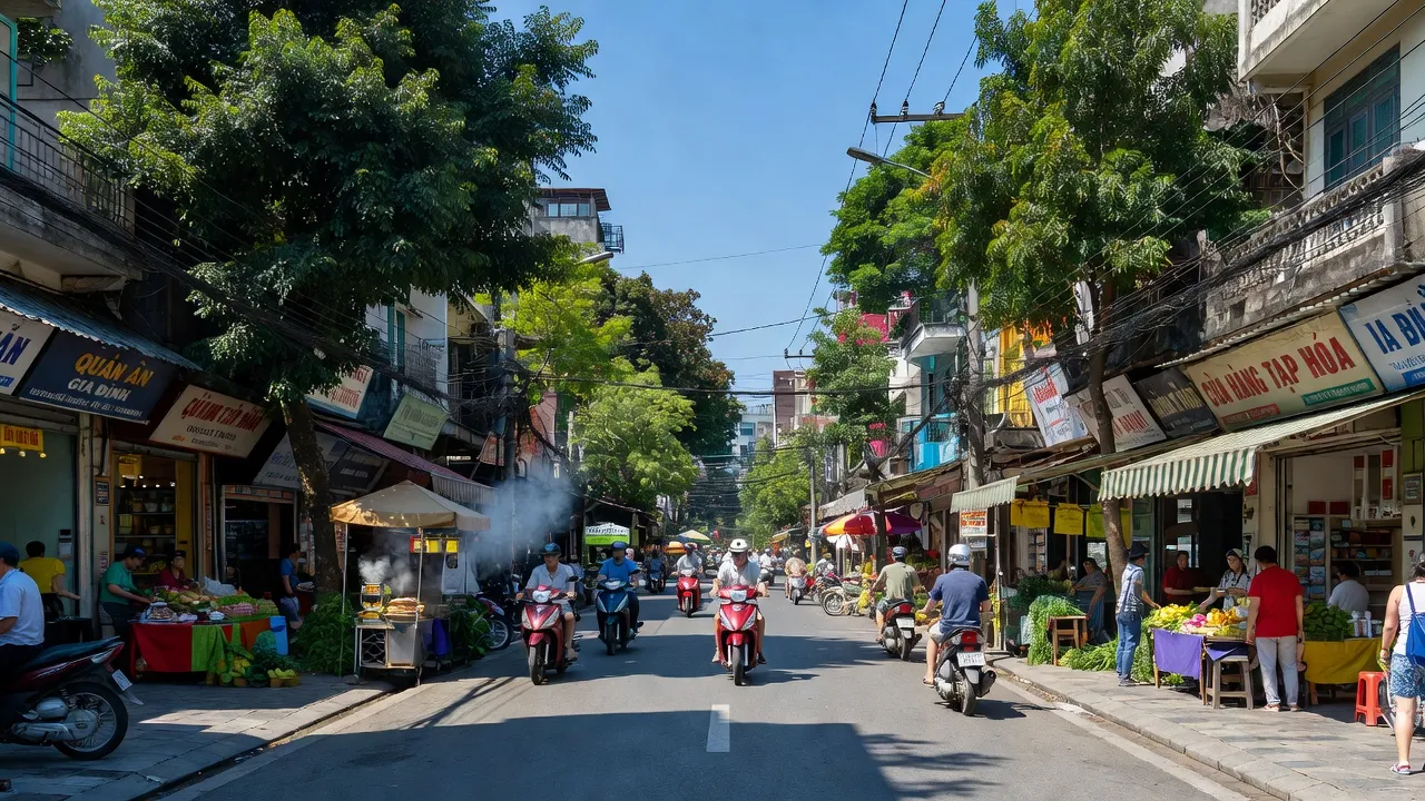 Vẻ đẹp phường Phương Liên - Trung Tự, quận Đống Đa với cảnh sắc sống động, trời xanh, đường phố nhộn nhịp.