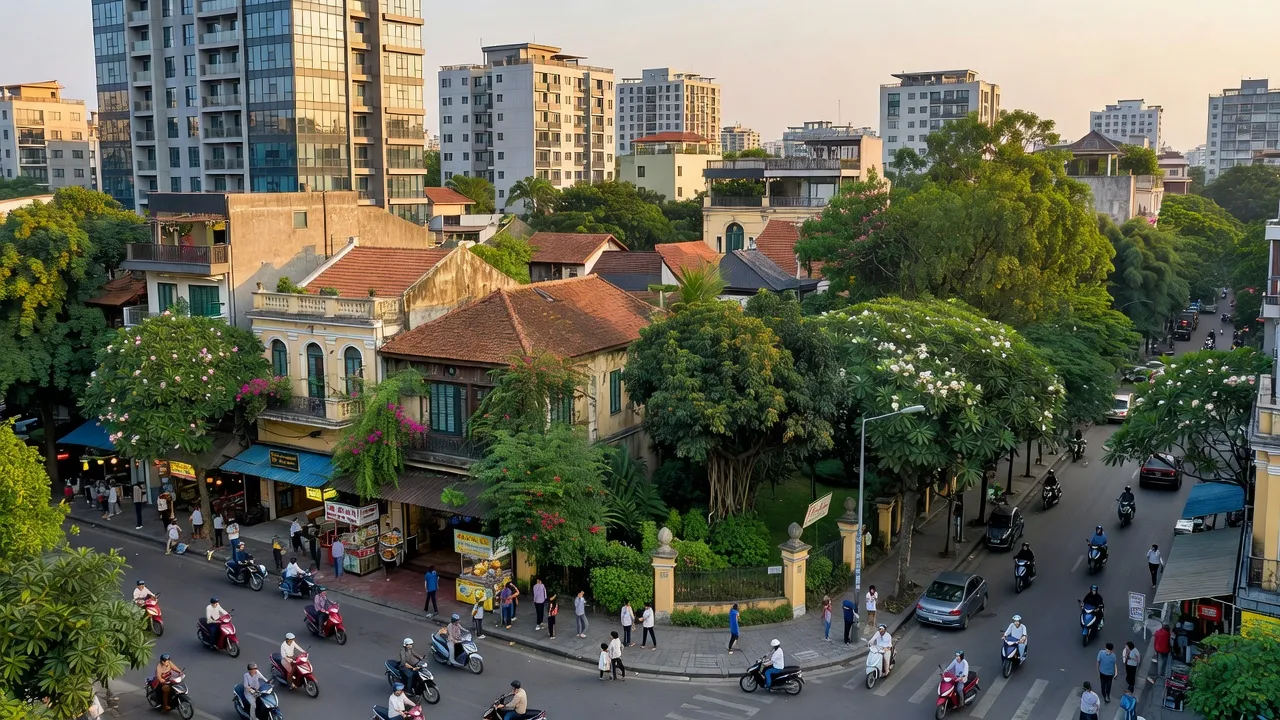 Khung cảnh Phường Phương Mai, Đống Đa, Hà Nội với sự kết hợp giữa hiện đại và truyền thống.
