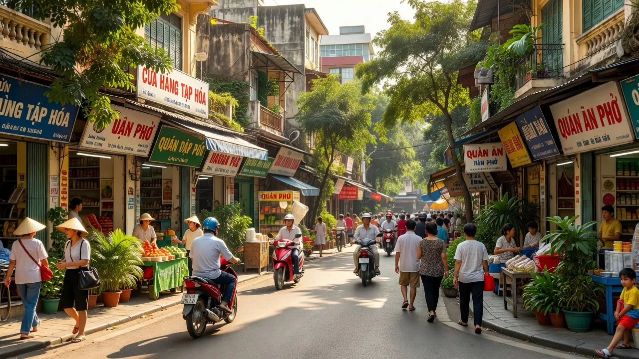 Khung cảnh nhộn nhịp tại Phường Quang Trung, Đống Đa, Hà Nội với cây xanh và cuộc sống đô thị.