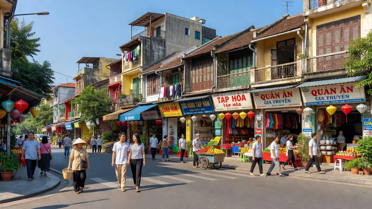 Phường Quang Trung, Quận Đống Đa, Hà Nội với nhịp sống đô thị sôi động, cửa hàng và kiến trúc truyền thống.