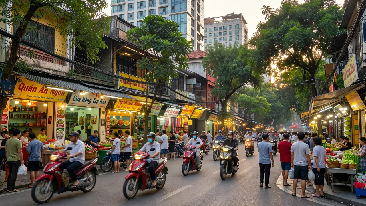 Phường Thịnh Quang, Đống Đa, Hà Nội với cảnh tấp nập, cửa hàng, và không khí đô thị sôi động.