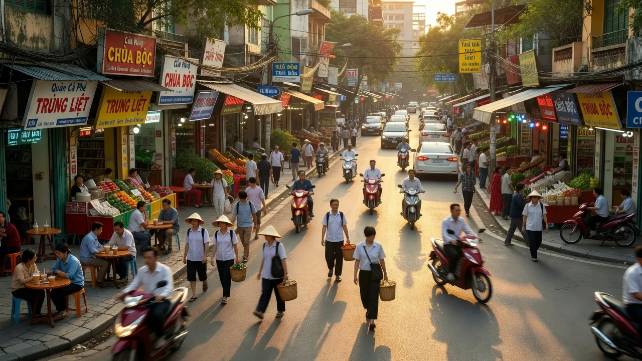 Khung cảnh nhộn nhịp Phường Trung Liệt, Quận Đống Đa, Hà Nội với những con phố thương mại đông đúc.