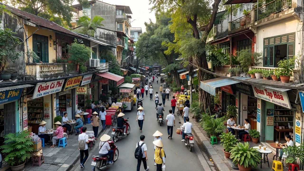 Phường Văn Chương, Quận Đống Đa, Hà Nội với cảnh sống đô thị sầm uất, kiến trúc và cây xanh.