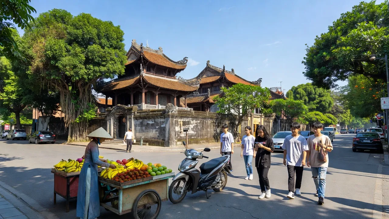 Khung cảnh nhộn nhịp tại Phường Văn Miếu - Quốc Tử Giám, Hà Nội với kiến trúc truyền thống.