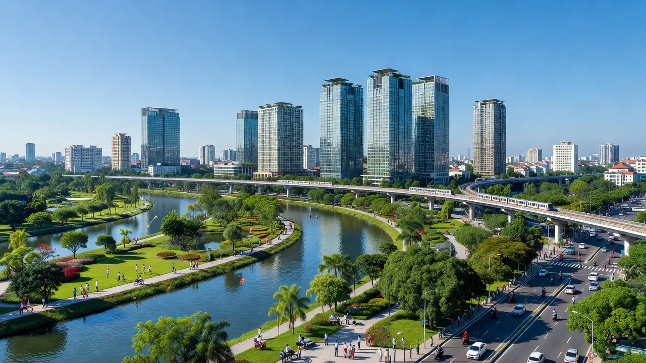 Quận Hà Đông, Hà Nội với kiến trúc hiện đại, công viên xanh, và sông Nhuệ, sông Đáy.