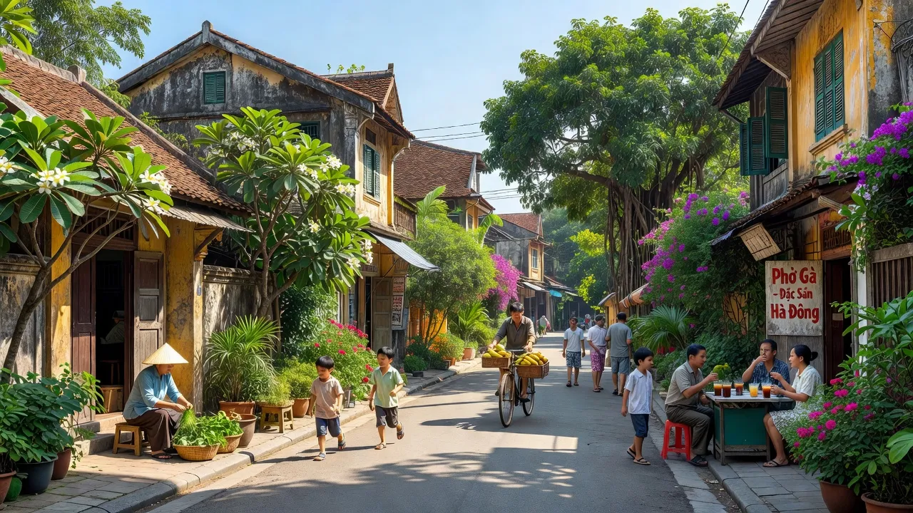 Cảnh quan Phường Biên Giang, Quận Hà Đông, Hà Nội, với nhà truyền thống và sự sống động của cộng đồng.