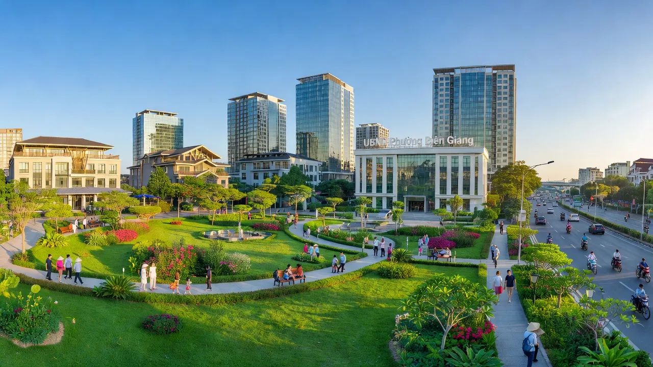 Phường Biên Giang, Hà Đông, với công viên xanh và trụ sở Ủy ban nhân dân sầm uất.