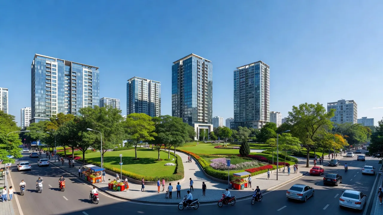 Cảnh quan hiện đại tại Phường Dương Nội, Quận Hà Đông, thành phố Hà Nội với kiến trúc đô thị và không gian xanh.