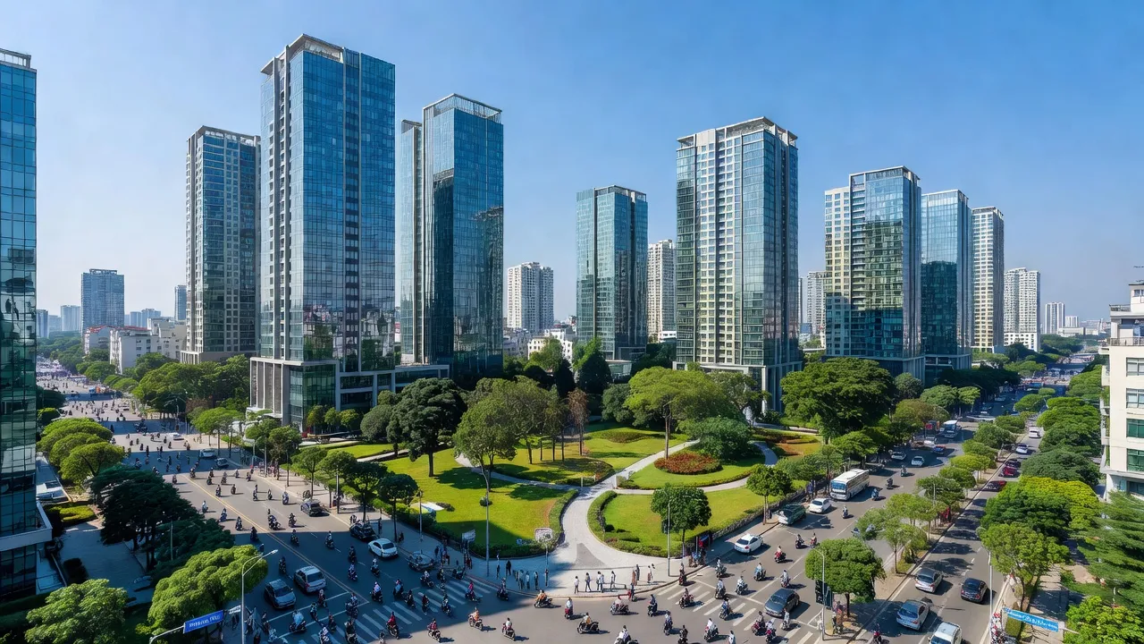 Khung cảnh đô thị phường Dương Nội, Hà Đông, với tòa nhà hiện đại và cây xanh.
