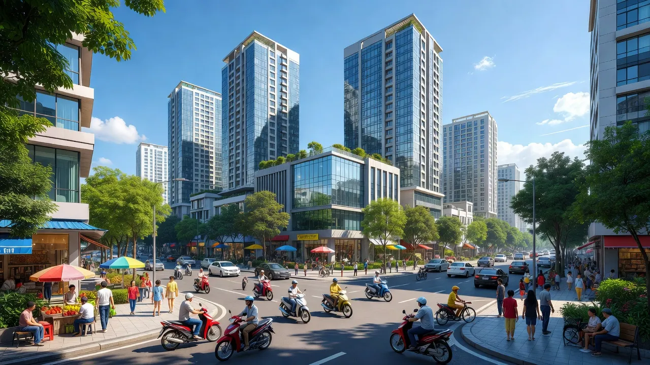 Cảnh quan đô thị phường Hà Cầu, Quận Hà Đông, Hà Nội, với nhà hiện đại và đường phố nhộn nhịp.
