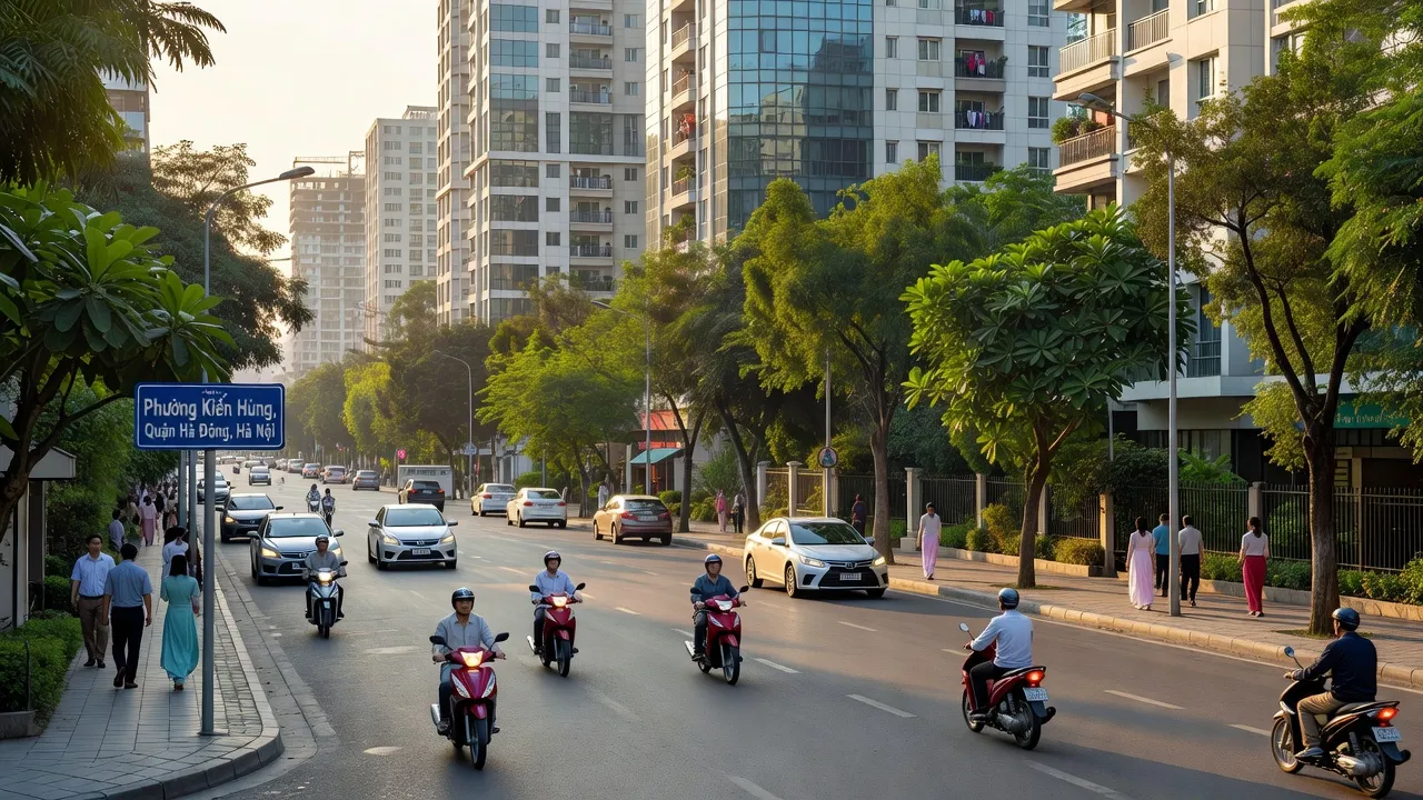 Khung cảnh Phường Kiến Hưng, Hà Đông với đường phố nhộn nhịp và tòa nhà hiện đại.