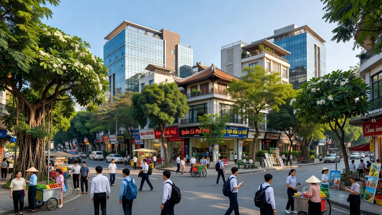 Cảnh phố Phường La Khê, Quận Hà Đông với cuộc sống sôi động và kiến trúc hiện đại.