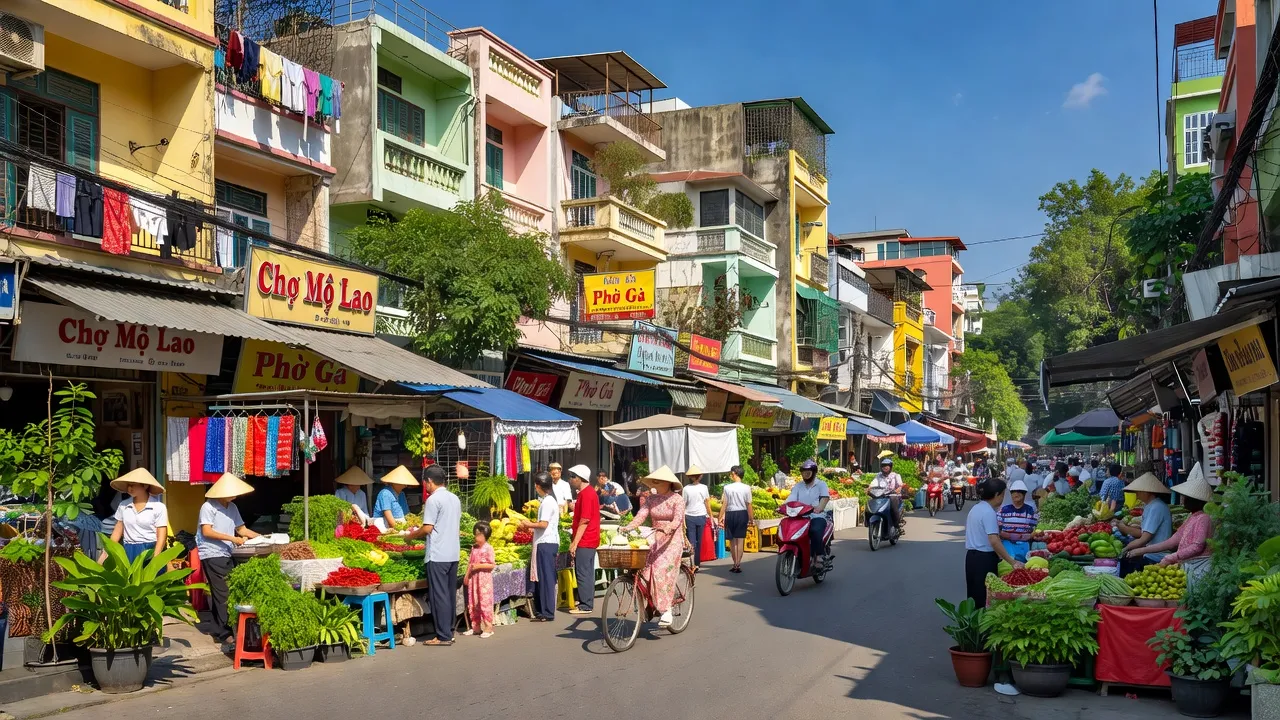Phường Mộ Lao, Quận Hà Đông, Hà Nội với hoạt động dân cư sầm uất và khung cảnh thiên nhiên xanh tươi.