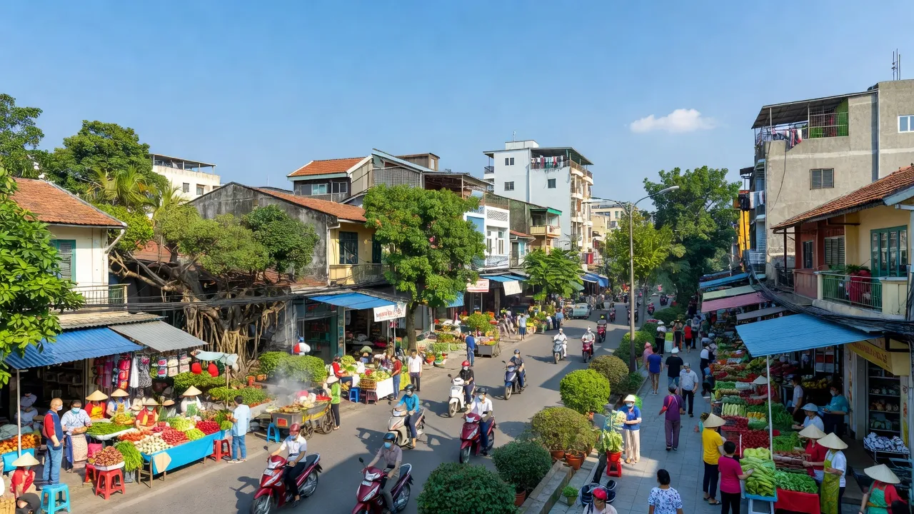 Cảnh quan Phú Lãm, Quận Hà Đông, Hà Nội với đường phố nhộn nhịp và thiên nhiên xanh tươi.