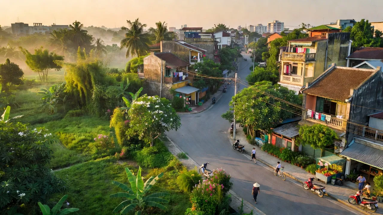Cảnh quan Phường Phú Lương, Quận Hà Đông, Hà Nội với kiến trúc địa phương và cây cối xanh mát.