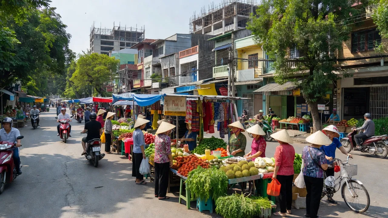 Cảnh đường phố tại Phường Phúc La, Quận Hà Đông với chợ địa phương và hoạt động thường nhật.