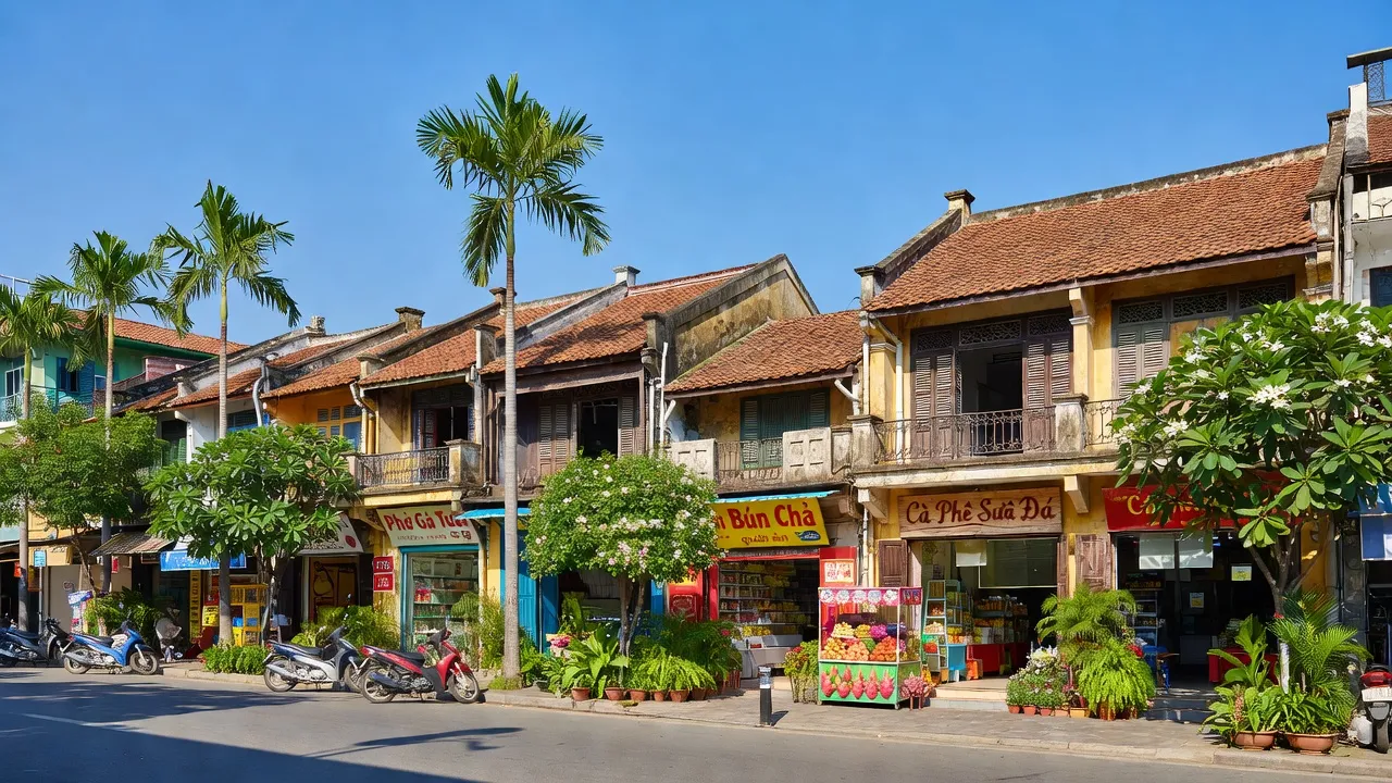 Cảnh quan đường phố Phường Quang Trung, Quận Hà Đông, Hà Nội với kiến trúc truyền thống và buôn bán nhộn nhịp.