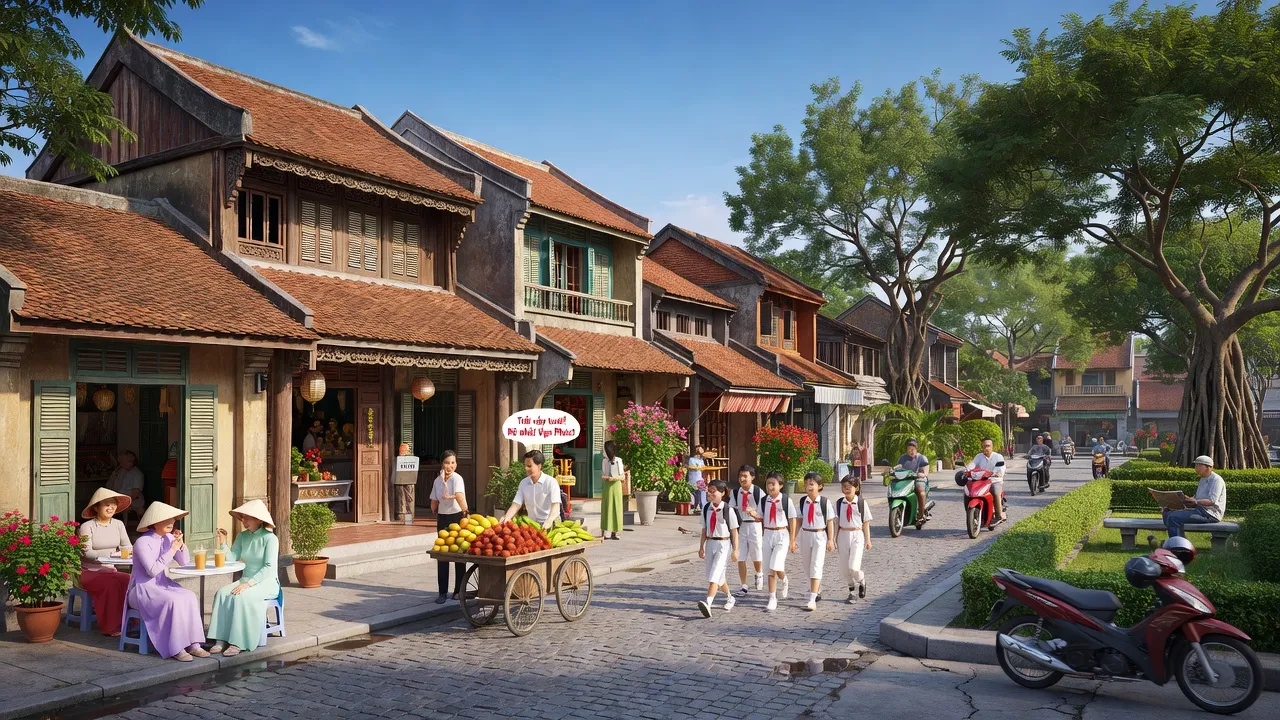 Phường Vạn Phúc tại Hà Đông, Hà Nội với kiến trúc truyền thống và cuộc sống địa phương sôi động.