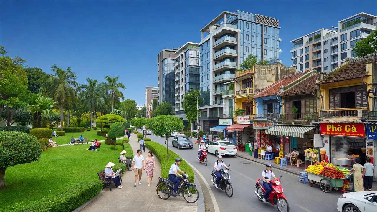 Phường Văn Quán, Hà Đông, Hà Nội với không gian đô thị sôi động và cảnh quan xanh tươi.