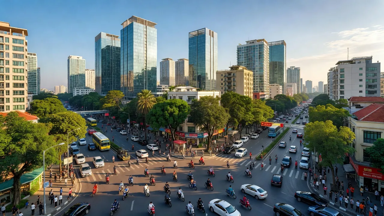 Quận Hai Bà Trưng, Hà Nội với tòa nhà cao, đường phố nhộn nhịp và cây xanh, thể hiện đời sống đô thị.