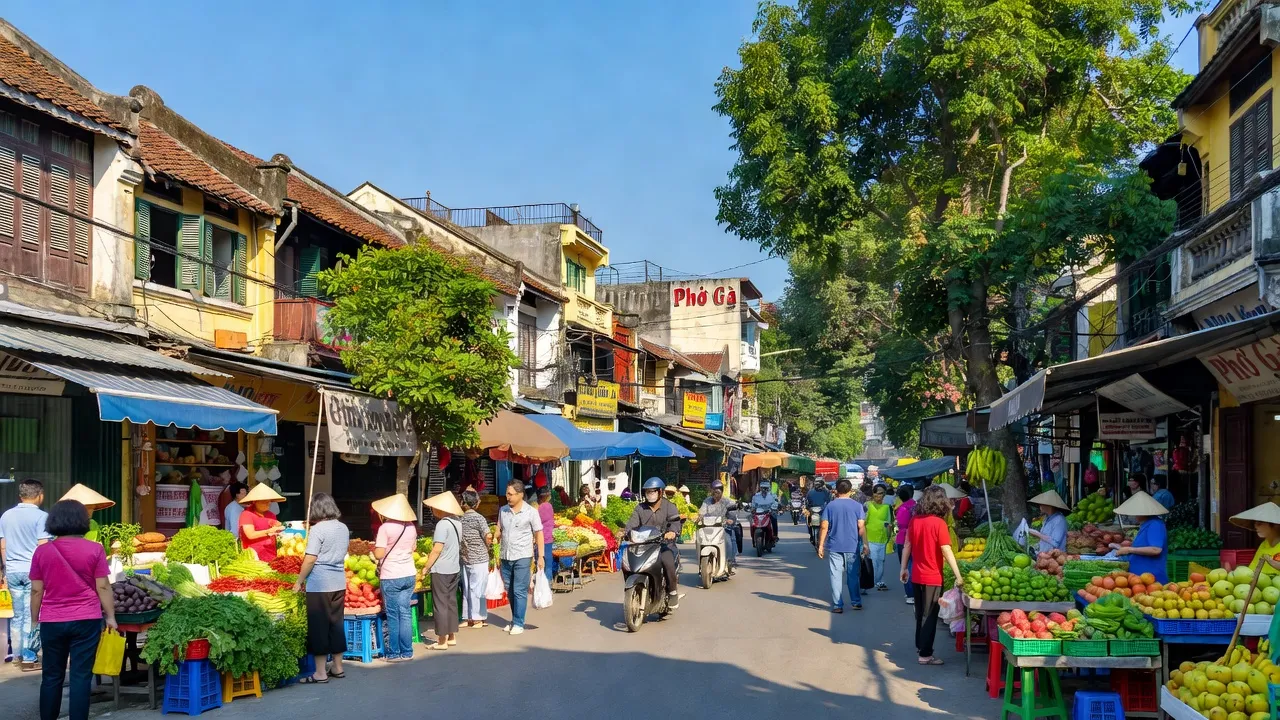 Bạch Đằng, Hai Bà Trưng, Hà Nội, cảnh đường phố sôi động với chợ và người dân hoạt động.