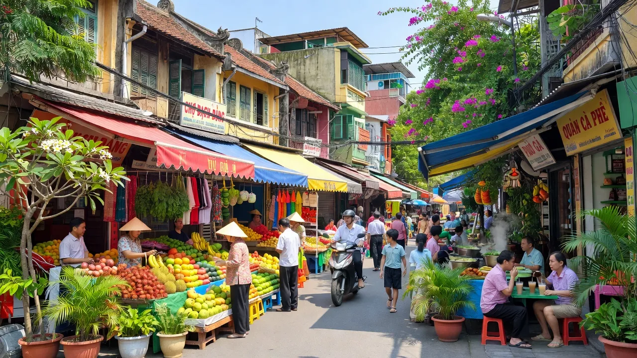 Khung cảnh nhộn nhịp tại Phường Bạch Đằng, Quận Hai Bà Trưng với chợ và nhà truyền thống.