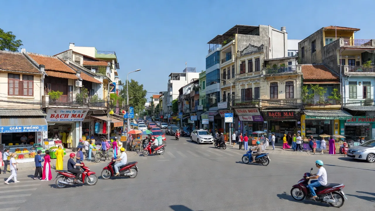 Cảnh quan đô thị phường Bạch Mai, quận Hai Bà Trưng, Hà Nội với đường phố và kiến trúc truyền thống.