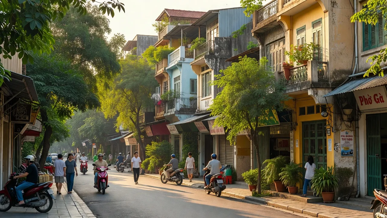 Quang cảnh phường Đồng Nhân, Quận Hai Bà Trưng, Hà Nội với nhà phố và cây cối xanh tươi.