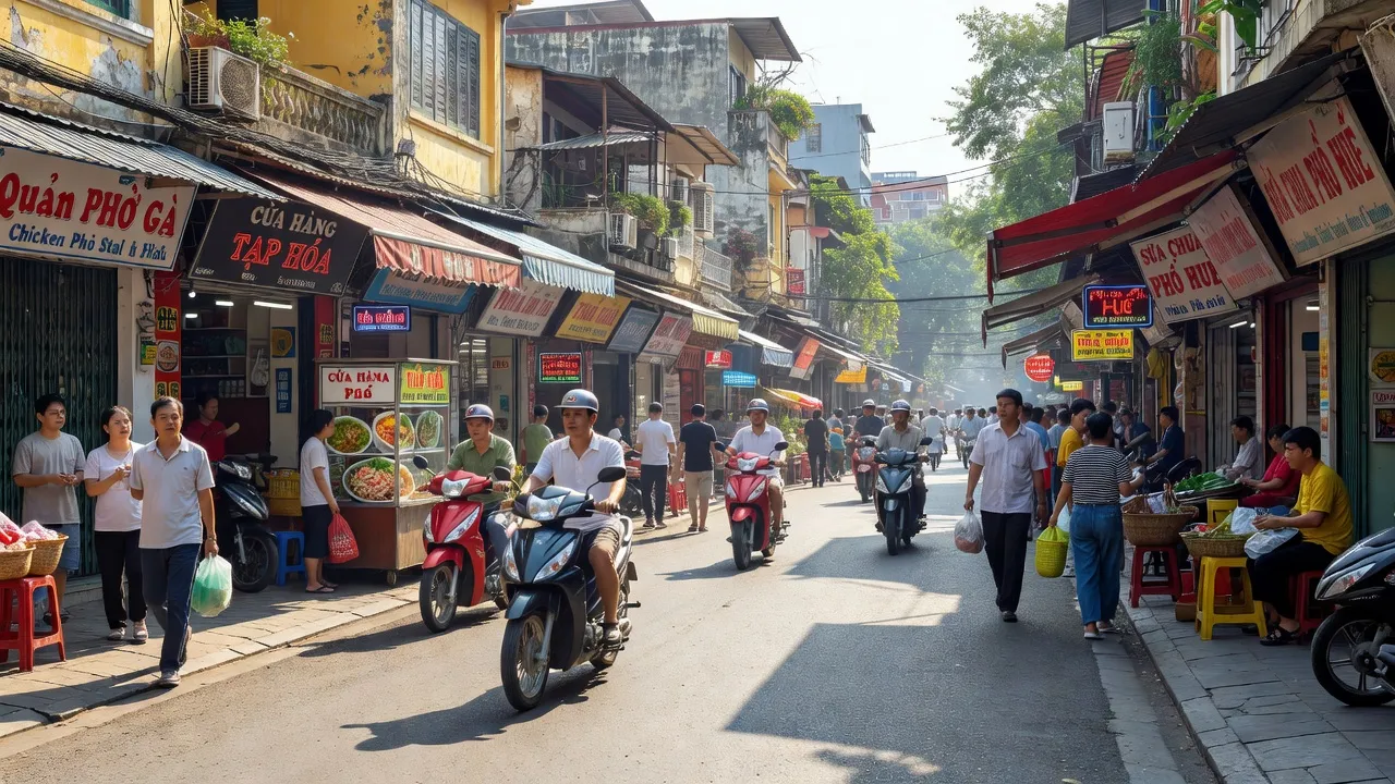 Khung cảnh nhộn nhịp tại Phường Phố Huế, Quận Hai Bà Trưng, Hà Nội với nhiều cửa hàng sầm uất.