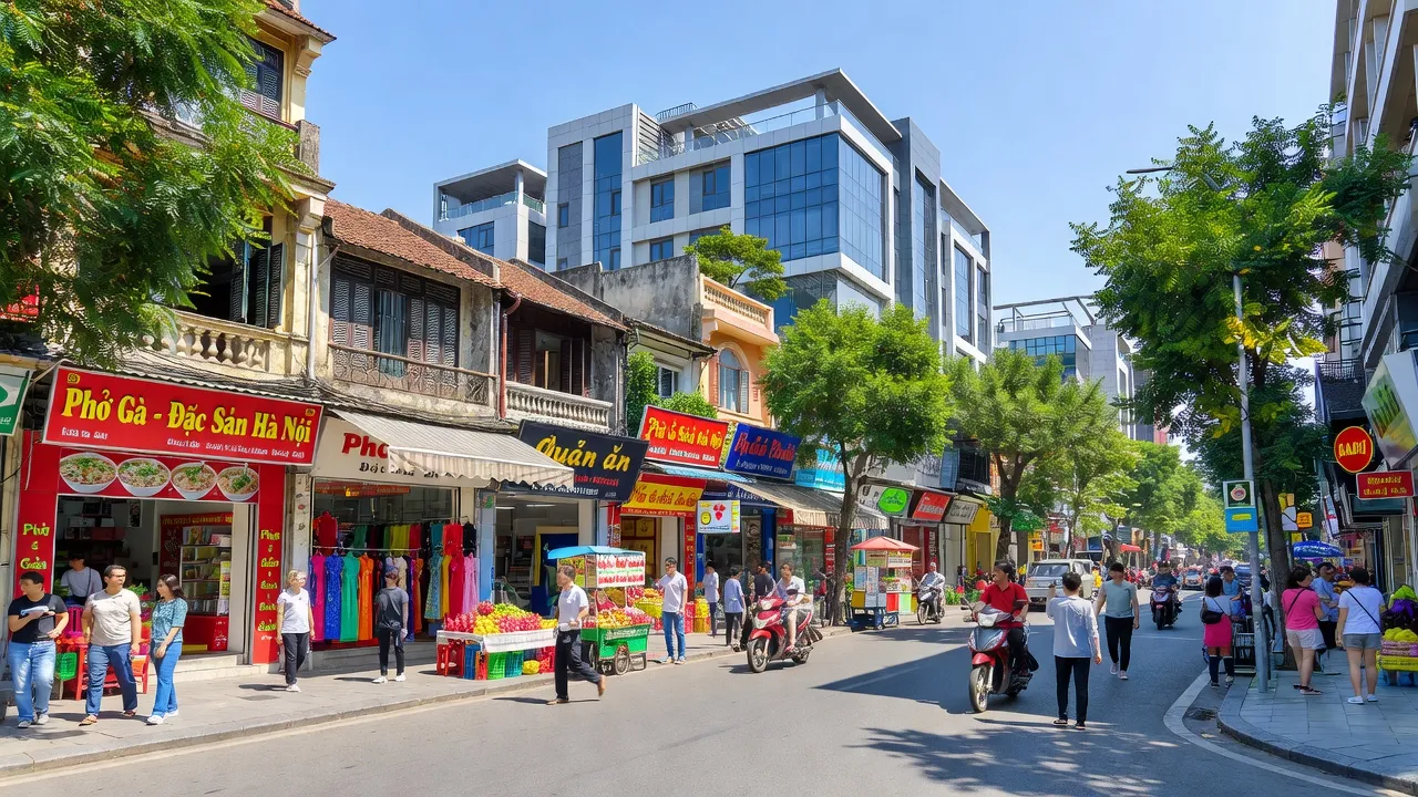 Khung cảnh sôi động tại Phường Phố Huế, Quận Hai Bà Trưng, Hà Nội với các cửa hàng nhộn nhịp.