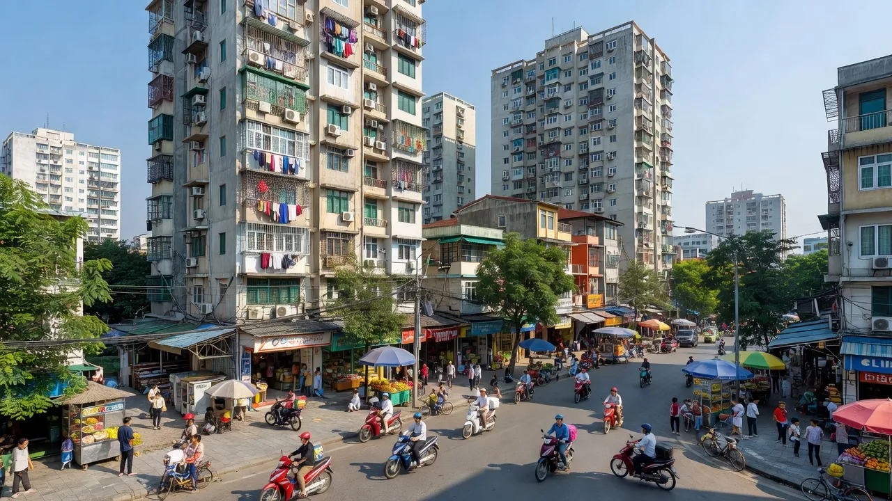 Phường Quỳnh Mai, Quận Hai Bà Trưng, Hà Nội, với cuộc sống đô thị nhộn nhịp và các tòa nhà cao tầng.